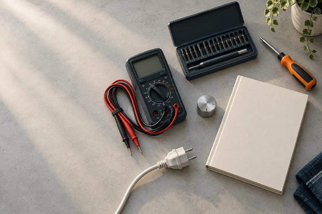 A multimeter, screwdriver kit, unplugged power cable and closed manual arranged on a workbench. Original editorial illustration.